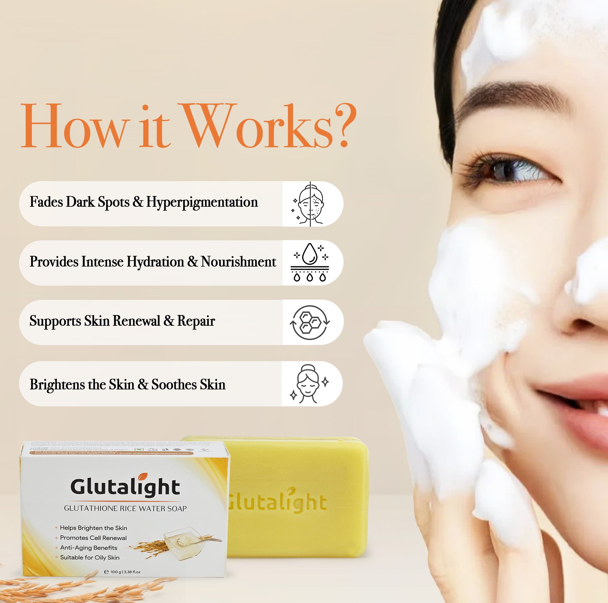 glutalight glutathione- Skin Lightening Soap with 1% Glutathione while Glutathione offers powerful antioxidant support Glutalight Glutathione Rice Water Soap